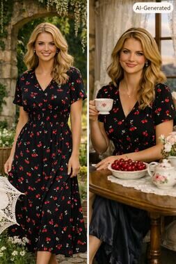 Cottagecore Red Cherries Smocked Waist Maxi Dress Coquette Pin-Up Retro Medium